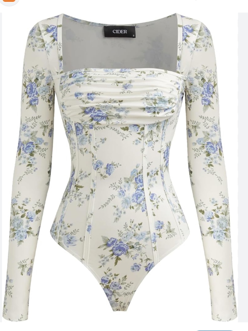 Cider Blue Floral Corset Style Long Sleeve Bodysuit Cream Size M NWT